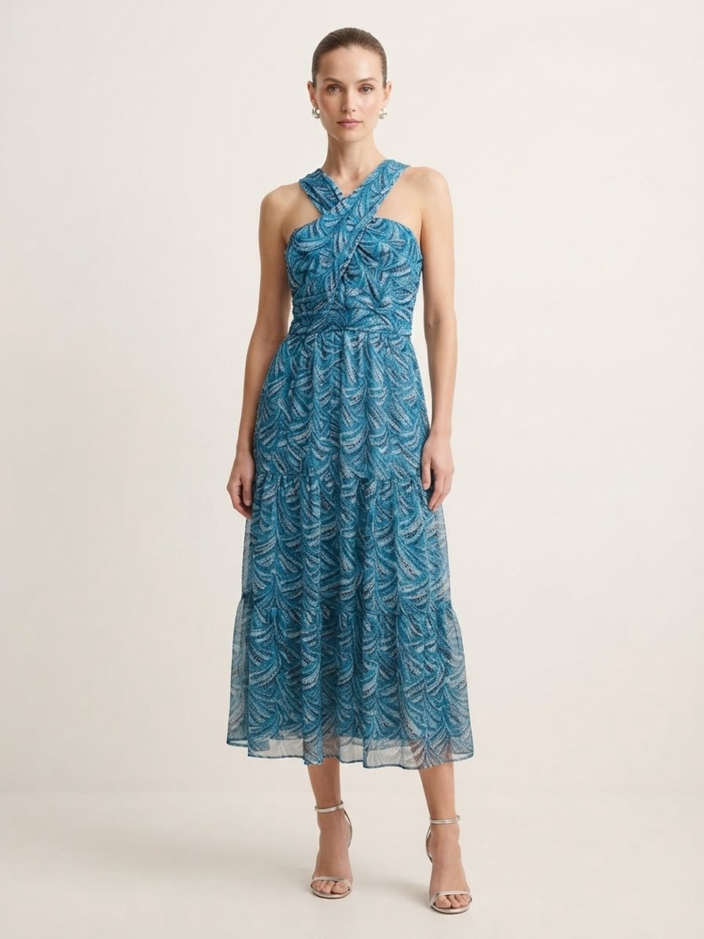 White House Black Market Teal Blue Cross-Halter Midi Dress